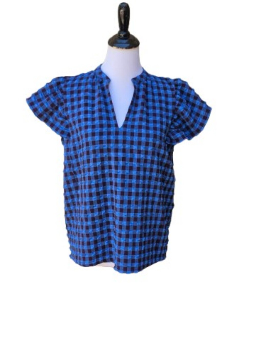 Ann Taylor Blue Popover Blouse 595248 Gingham Plaid V-Neck Ruffle Cap Sleeves
